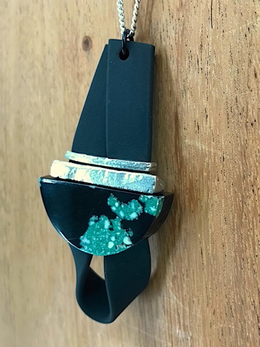 Anne-Marie Chagnon Black & Green Modernist, Sculptural Necklace / Wearable Art